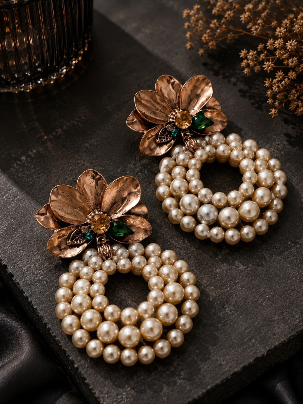 Vintage Inspired Floral Pearl Statement Earrings Rose Gold Green